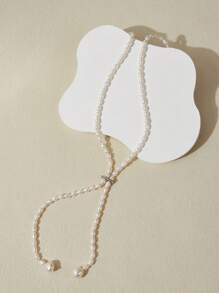 1入組,白色鍍金天然珍珠女士毛衣項鏈長項鍊 - 白色 - 查看 2