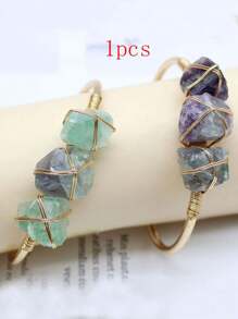 1入自然療癒石頭金色合金鍍銅電線包覆的自然石手鐲寶石手鐲脈輪能量女士手鐲珠寶飾品