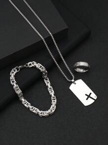 3入組時尚不鏽鋼珠寶套裝, 包括1條項鍊, 1條騎士風格手鍊, 1個羅馬字符戒指,適合男士日常配搭或假日珠寶首飾使用 - 3件羅馬首飾套裝 - 查看 1