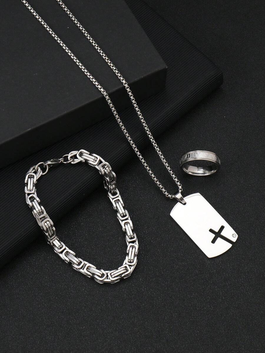 3入組時尚不鏽鋼珠寶套裝, 包括1條項鍊, 1條騎士風格手鍊, 1個羅馬字符戒指,適合男士日常配搭或假日珠寶首飾使用 - 3件羅馬首飾套裝 - 查看 1