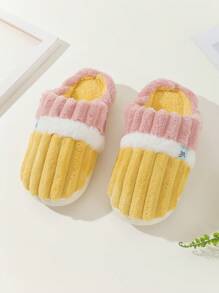 冬季室内家居加厚防滑毛绒男女拖鞋批发，带灯芯绒衬里，灯芯绒和羊毛拼布设计 - 黃色 - 查看 1