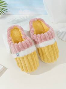 冬季室内家居加厚防滑毛绒男女拖鞋批发，带灯芯绒衬里，灯芯绒和羊毛拼布设计 - 黃色 - 查看 4