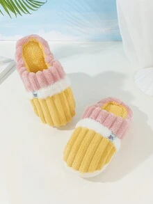 冬季室内家居加厚防滑毛绒男女拖鞋批发，带灯芯绒衬里，灯芯绒和羊毛拼布设计 - 黃色 - 查看 5