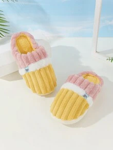 冬季室内家居加厚防滑毛绒男女拖鞋批发，带灯芯绒衬里，灯芯绒和羊毛拼布设计 - 黃色 - 查看 3