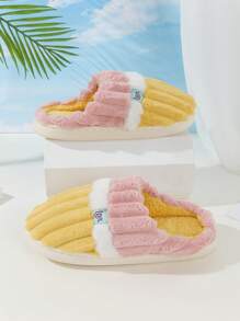 冬季室内家居加厚防滑毛绒男女拖鞋批发，带灯芯绒衬里，灯芯绒和羊毛拼布设计 - 黃色 - 查看 6