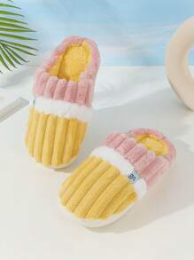 冬季室内家居加厚防滑毛绒男女拖鞋批发，带灯芯绒衬里，灯芯绒和羊毛拼布设计 - 黃色 - 查看 2