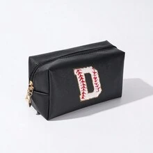 簡約風格字母刺繡化妝包防水化妝包旅行便攜收納小化妝包字母印花化妝包情人節禮物pu皮革 - 黑色 - 查看 5