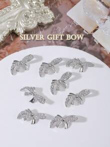 4入組日韓風格3d蝴蝶指甲藝術配件,含絲帶和鑽石 - 銀色 - 查看 3