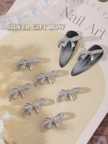 4入組日韓風格3d蝴蝶指甲藝術配件,含絲帶和鑽石 - 銀色 - 查看 1