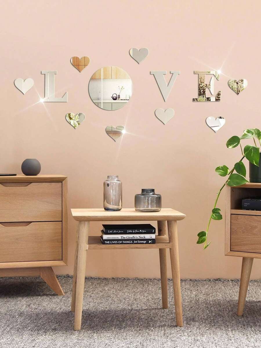 12入組1mm極薄現代風格love和八個心形裝飾鏡貼,可拆式自粘丙烯酸鏡牆貼紙,壁藝、壁紙、家居裝飾、臥房配件、房間裝飾 - 銀色 - 查看 1