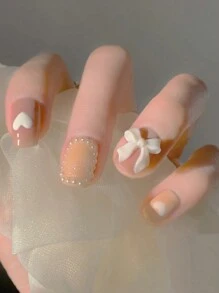 24pcs Short Square Shaped Sweet Style Floral Acrylic Bead Inlaid With Milk White Butterflies And Cute Hearts, With 1pc Clear Jelly Strip And 1pc Acrylic Sheet - Apricot - View 2