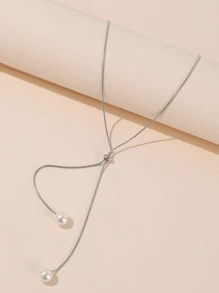 1pc Fashionable & Simple Long Double Faux Pearl Design Adjustable Drawstring Necklace For Women's Daily Wear & Party