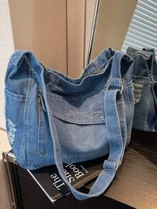 Solid Color Denim Portable Zipper Fashion Hobo Bag, Large Capacity Shoulder Bag, Crossbody Bag, Must-Have Shopping Bag For Women, Tote Bag, Suitable For Girls, Ladies, College Students Commuting, Outdoor Travel And Daily Use