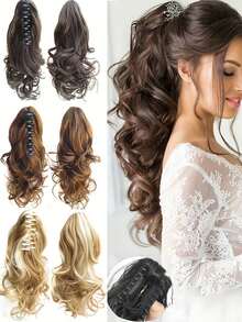 Synthetic Claw Clip Ponytail Extensions 18-26 Inch Long Curly Black Blonde Brown White Pony Tail Wig For Women(Black Brown) - Black-brown - View 2