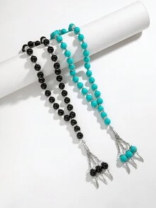 1 件簡約設計彩色流蘇裝飾黑色圓盤形狀手工串珠手鍊,念珠,禮物（流蘇顏色隨機） - 黑色圓片-36cm - 查看 4