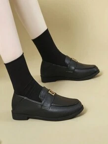 女士平底低跟流行黑色皮鞋,歐美風格,休閒多用途圓頭鞋,適合步行和工作 - 黑色 - 查看 1