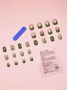 Bộ 24 móng giả vuông ngắn họa tiết hoa mùa đông màu xanh ombre dễ thương kiểu Nhật Bản đính ngọc trai, giúp tôn lên vẻ ngoài thời trang của bạn. - Nhiều màu - Xem 5