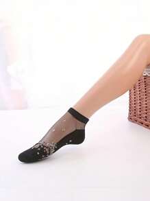 5雙女式透氣絲襪,絲綢短襪帶有提花圖案,黑色 - 黑色 - 查看 4