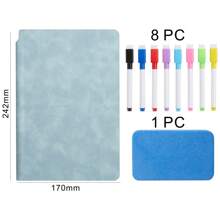 A5白板筆記本容易擦拭皮革雙面記事本白板筆記本便攜式學生pu寫作板繪圖板兒童產品8支筆1個橡皮板 - 綠色 - 查看 2