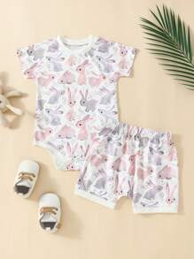 女嬰復活節兔印花連體衣和短褲時尚套裝 - 白色 - 查看 1