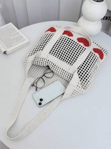 1個心形圖案色塊鉤編手提肩背包可容納大容量時尚沙灘袋,愛情圖形針織手提包,時尚編織肩袋,女士美學鉤編袋子,通勤百搭包,極簡愛之圖案流浪包,情人節禮物女性輕量級購物手提袋 - 彩色 - 查看 4