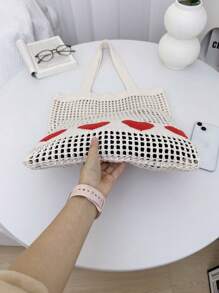 1個心形圖案色塊鉤編手提肩背包可容納大容量時尚沙灘袋,愛情圖形針織手提包,時尚編織肩袋,女士美學鉤編袋子,通勤百搭包,極簡愛之圖案流浪包,情人節禮物女性輕量級購物手提袋 - 彩色 - 查看 5