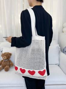 1個心形圖案色塊鉤編手提肩背包可容納大容量時尚沙灘袋,愛情圖形針織手提包,時尚編織肩袋,女士美學鉤編袋子,通勤百搭包,極簡愛之圖案流浪包,情人節禮物女性輕量級購物手提袋 - 彩色 - 查看 6