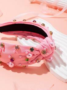 1入時尚新式珍珠與鑽石扭結頭帶,適用於女孩 - 粉色 - 查看 3