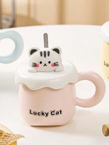 1pc Cute Cartoon Cat Ceramic Mug, Girls' Highly Attractive Mug With Lid, Spoon For Coffee & Water Drinking At Home - Pink - View 1