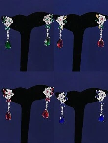 1對女士時尚立體水滴形鑽石花朵裝飾耳環，休閒派對配飾 - 耳環 - 查看 1