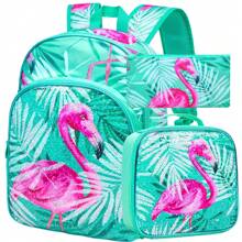 3 件組 火烈鳥雙面設計串珠女童背包含飯盒鉛筆盒小學生及幼兒園兒童 - 綠色 - 查看 12