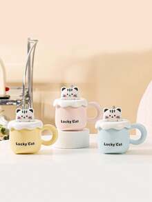 1pc Cute Cartoon Cat Ceramic Mug, Girls' Highly Attractive Mug With Lid, Spoon For Coffee & Water Drinking At Home - Pink - View 3