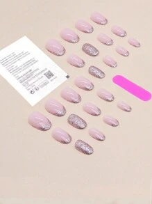Upgrade Your Look With 24Pcs Short Oval Glitter Fake Nail Kit Press On Nails Nail Supplies Nails - Baby Pink - View 2