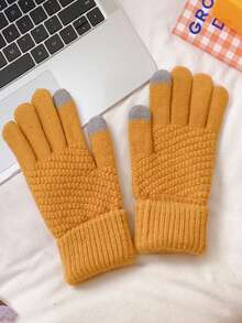 1 件冬季加厚保暖针织手套，带保暖内衬，可研究学生全指触屏手套 - 黃色 - 查看 1