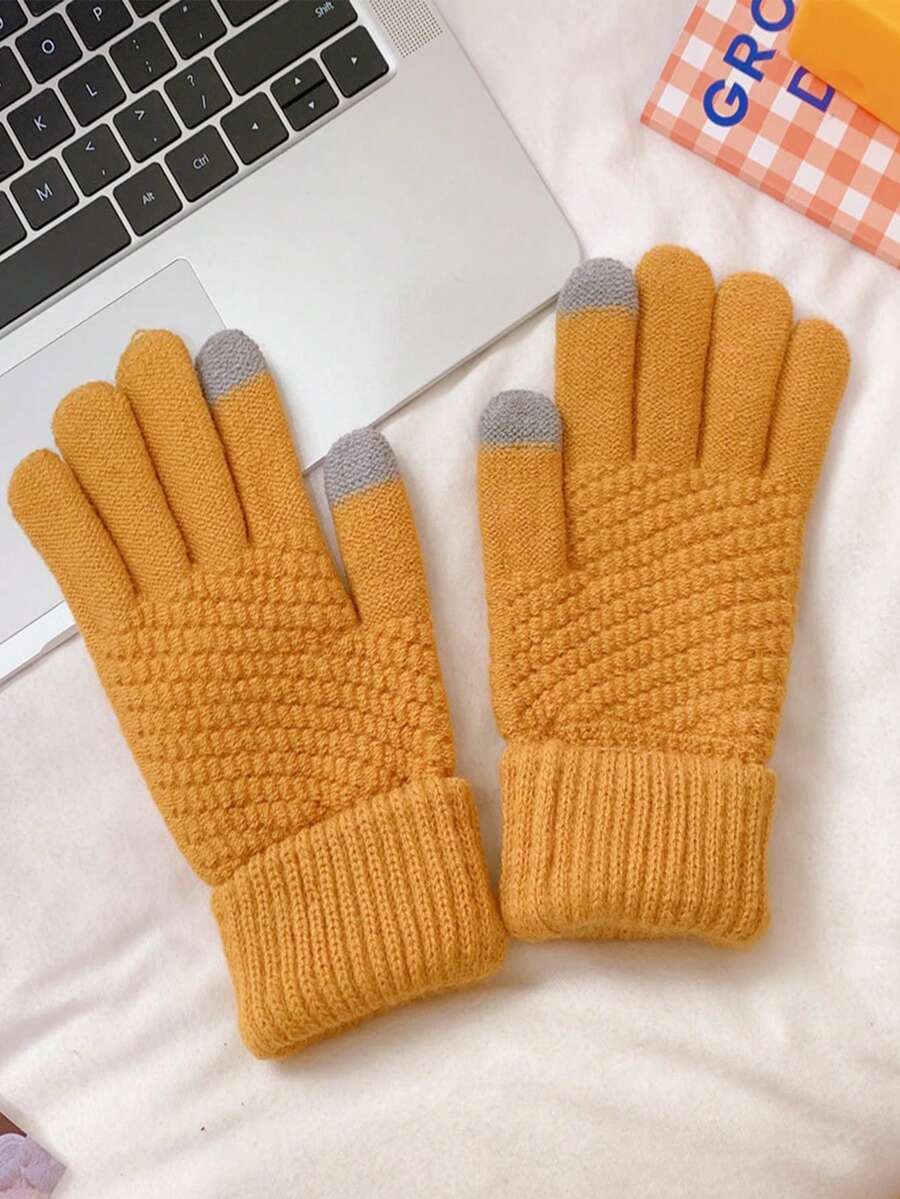 1 件冬季加厚保暖针织手套，带保暖内衬，可研究学生全指触屏手套 - 黃色 - 查看 1