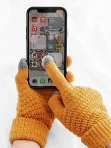 1 件冬季加厚保暖针织手套，带保暖内衬，可研究学生全指触屏手套 - 黃色 - 查看 3