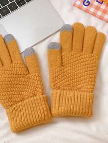 1 件冬季加厚保暖针织手套，带保暖内衬，可研究学生全指触屏手套 - 黃色 - 查看 4