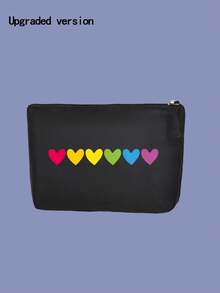 1 件新時尚化妝包,帶有簡單心形印花 - 多功能化妝包/手拿包/便攜式手提包,非常適合旅行或送禮,易於攜帶帶拉鍊的化妝收納包/盥洗包 - 黑色 - 查看 3