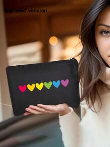 1 件新時尚化妝包,帶有簡單心形印花 - 多功能化妝包/手拿包/便攜式手提包,非常適合旅行或送禮,易於攜帶帶拉鍊的化妝收納包/盥洗包 - 黑色 - 查看 1