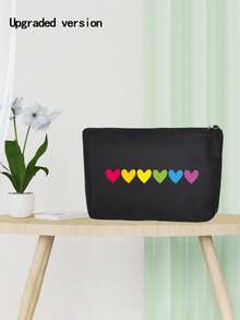 1 件新時尚化妝包,帶有簡單心形印花 - 多功能化妝包/手拿包/便攜式手提包,非常適合旅行或送禮,易於攜帶帶拉鍊的化妝收納包/盥洗包 - 黑色 - 查看 6