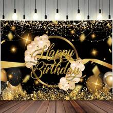 1 pièce, Toile de fond Joyeux anniversaire noir et doré, pois dorés brillants, ballons avec strass, doux fond de photographie de décoration de fête, bannière de table de gâteau, accessoires de photomaton, bannière de fête, bannière d'anniversaire, décoration de maison, décoration de chambre, Noël