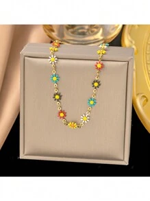 1 件套女用黃色菊花串珠項鍊和手鍊套裝,時尚青春風格,配有不銹鋼金屬鎖骨鏈,非常適合日常佩戴和旅行 - 金黃色 - 查看 2