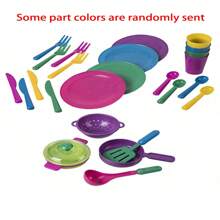 Conjunto de 26 piezas de utensilios de cocina de juguete para niños, que incluye platos, cuchillos, cucharas, etc. (algunos accesorios de color aleatorio), juguetes de cocina, conjunto de cocina para niños, accesorios de cocina para niños, cocina de juguete para niños, platos de plástico para niños, comida de juego, platos para niños pequeños, juego de cocina de juguete