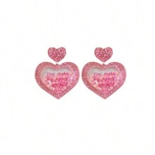 1雙粉紅色閃粉心形掛墜耳環,裡面有粉紅色閃粉沙,情人節送女友的好禮物 - 愛心亮片 - 查看 4