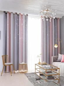 2pc Star Curtains,Bedroom Curtains With 2 Panels Colorful Double Layer Draperie Gradient Rainbow Blackout Curtains Bedroom Living Room Darkening Striped Double Layer Star Cut Home Decor Window Curtains With Gradient Eyelets, Anti-Cold, Blackout Star Curtains For Living Room, Decoration, Soundproofing, Thermal Insulation (100x130cm) - 灰色的 - 查看 1