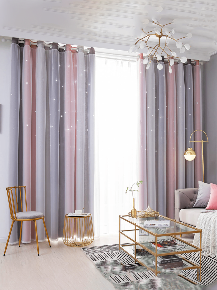 2pc Star Curtains,Bedroom Curtains With 2 Panels Colorful Double Layer Draperie Gradient Rainbow Blackout Curtains Bedroom Living Room Darkening Striped Double Layer Star Cut Home Decor Window Curtains With Gradient Eyelets, Anti-Cold, Blackout Star Curtains For Living Room, Decoration, Soundproofing, Thermal Insulation (100x130cm) - Xám - Xem 1