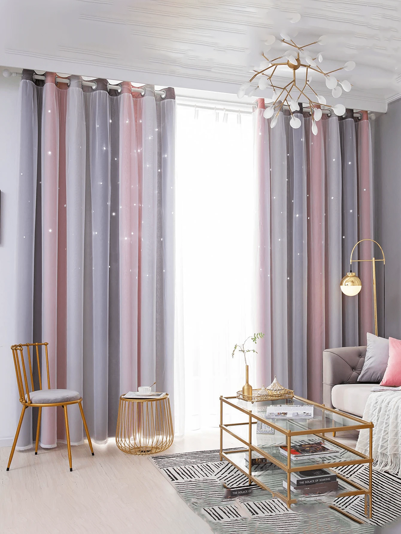 2pc Star Curtains,Bedroom Curtains With 2 Panels Colorful Double Layer Draperie Gradient Rainbow Blackout Curtains Bedroom Living Room Darkening Striped Double Layer Star Cut Home Decor Window Curtains With Gradient Eyelets, Anti-Cold, Blackout Star Curtains For Living Room, Decoration, Soundproofing, Thermal Insulation (100x130cm) - 灰色的 - 查看 1