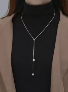 1pc Fashionable & Simple Long Double Faux Pearl Design Adjustable Drawstring Necklace For Women's Daily Wear & Party