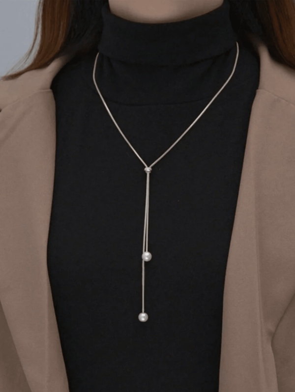 1pc Fashionable & Simple Long Double Faux Pearl Design Adjustable Drawstring Necklace For Women's Daily Wear & Party