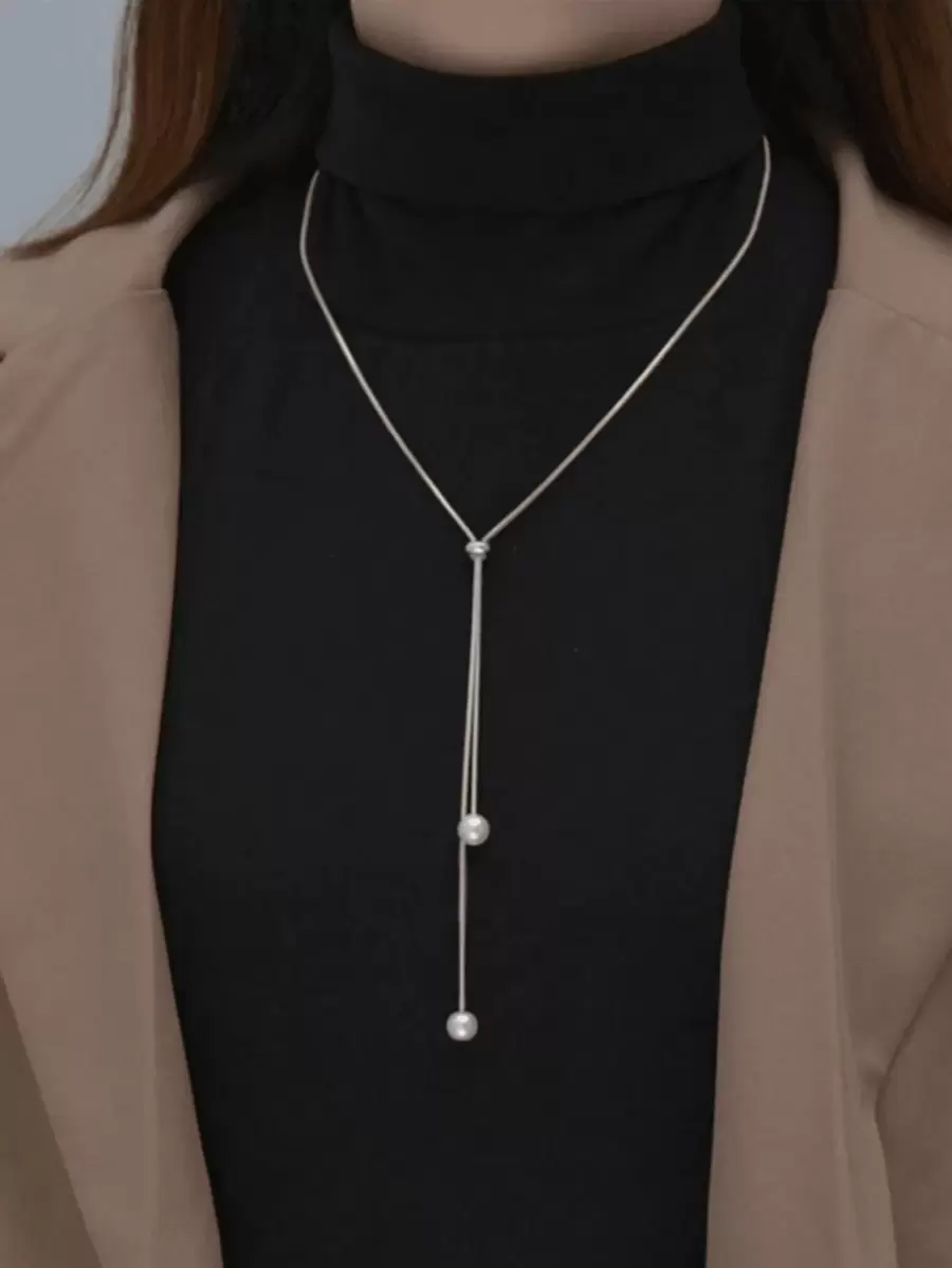 1pc Fashionable & Simple Long Double Faux Pearl Design Adjustable Drawstring Necklace For Women's Daily Wear & Party